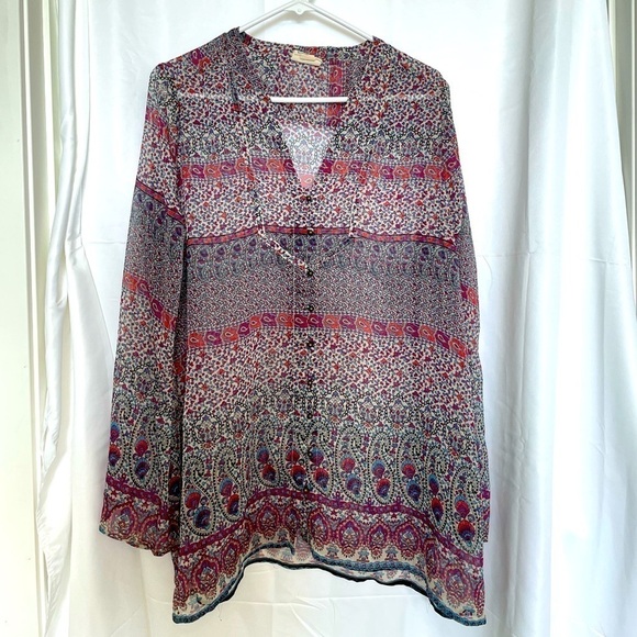 Converse Tops - Converse One Star Women's Sheer Button Down Bohemian Paisley Long Sleeve Tunic 